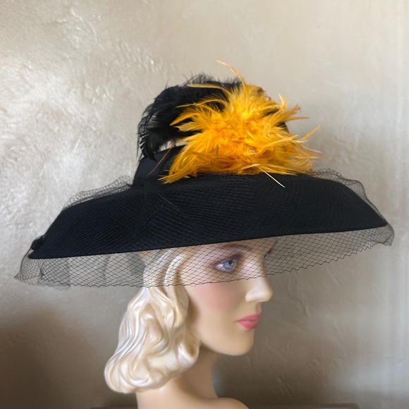ASTOUNDING BLACK FELT WIDE BRIM HAT WITH BL;ACK & YELLOW FEATHER S main image 8